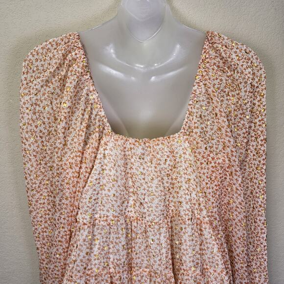 ASOS Curve Maxi Dress Lurex Chiffon Ditsy Floral Cottage Boho Fairy Gold Size 4 - Picture 9 of 16